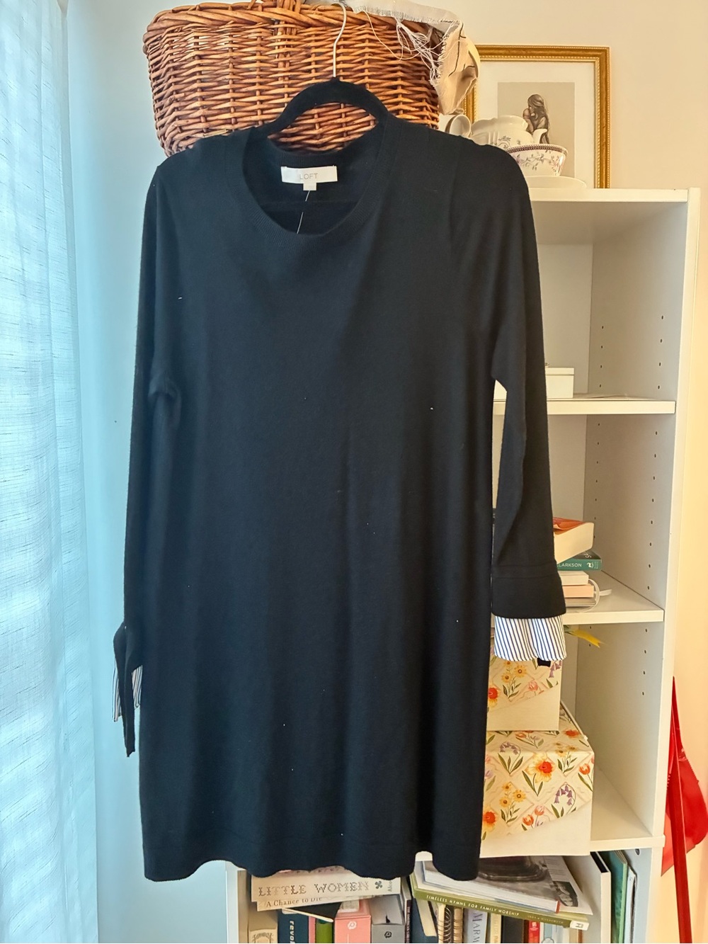 LOFT Black Long-Sleeve Crewneck Shift with Striped Cuff Tie